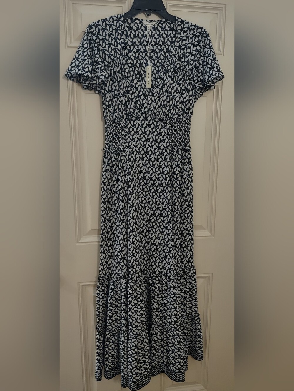 Max Studio Black and White Printed Smocked Maxi Dress